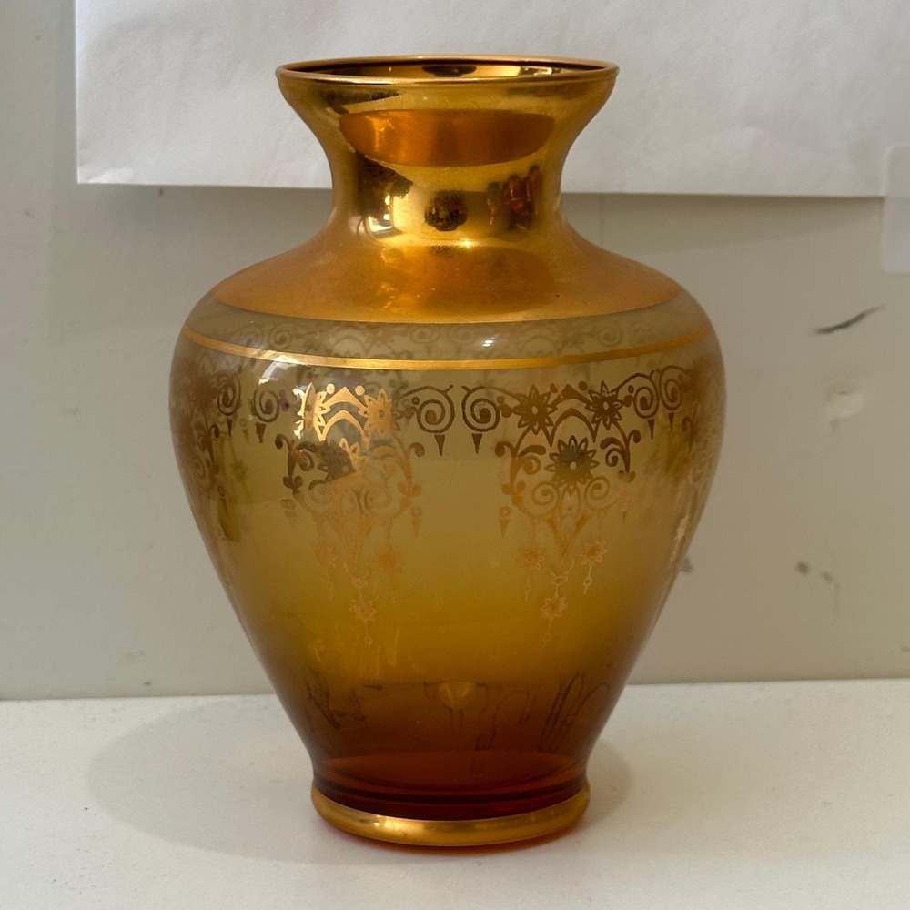 Vintage Venezia Amber Glass Vase Gold Encrusted Filigree Scroll Urn Shape 5.5"